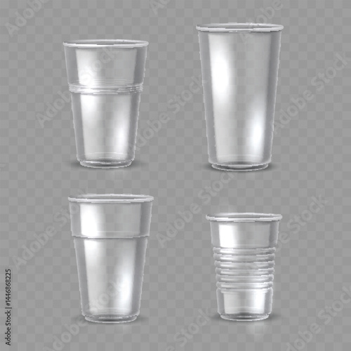Set of Transparent Plastic Cups with Different Designs - Vector