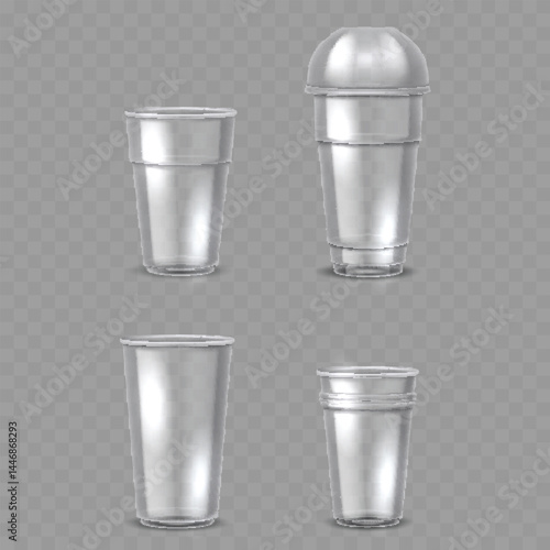 Set of Transparent Plastic Cups with Different Designs - Vector