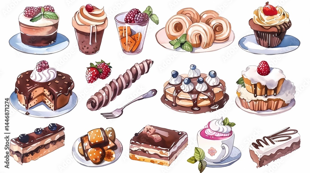 A variety of illustrations of German sweets for cafe menus, Generative AI illustrations. A variety of illustrations of German sweets for cafe menus, Generative AI illustrations.