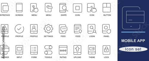 Mobile app icon set. Modern line icons representing essential mobile app UI elements. Perfect for app development, interface design, UX projects, and responsive app layouts.