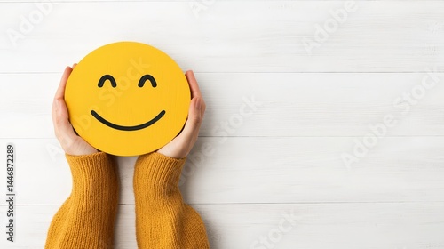 A person in a yellow sweater holds a large, smiling yellow emoji face in front of a white wooden background.