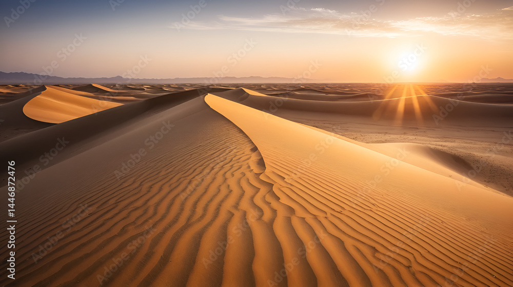 Naklejka premium Expansive desert landscape at sunrise. Vast dunes stretch out under a bright sun