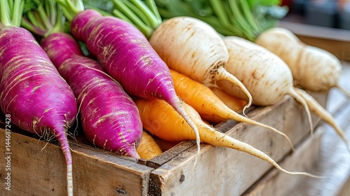 Fresh and Colorful Root Vegetables in Wooden Crate Display