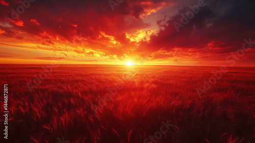 wide nebraska plains under red sunset sky