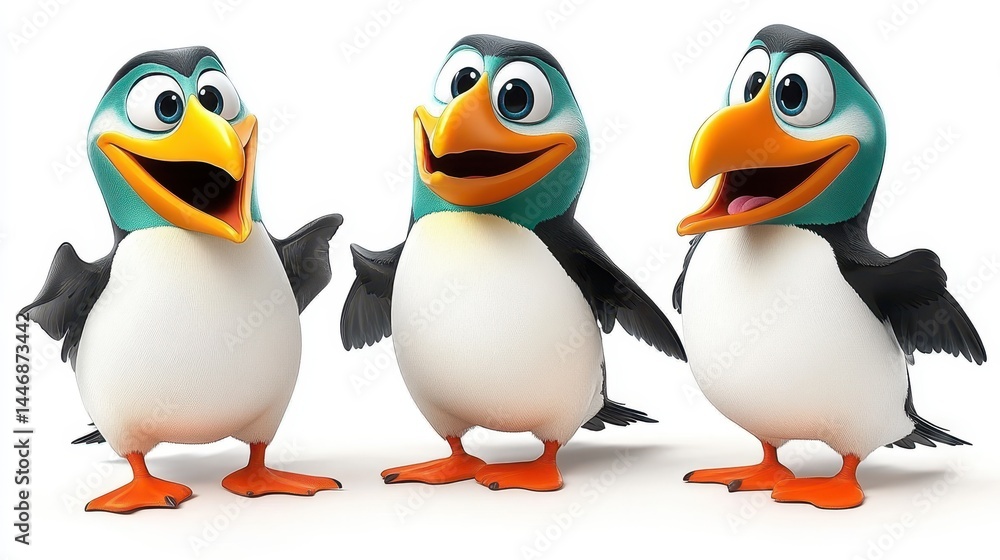 Naklejka premium Three cartoonish penguins standing cheerfully, showcasing a blend of lighthearted design and whimsical animation with vibrant colors and expressions