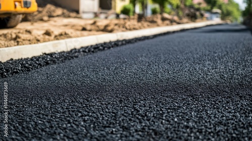 Freshly paved road with asphalt and concrete curbs, black grainy surfa