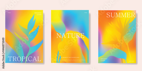 Abstract colorful gradient summer card background set. Minimalist poster with flower and foliage. Modern summer and spring wallpaper design for home decoration, website, banner, ads.