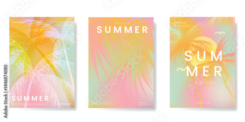 Abstract colorful gradient summer card background set. Minimalist poster with flower and foliage. Modern summer and spring wallpaper design for home decoration, website, banner, ads.