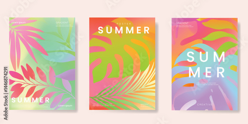 Abstract colorful gradient summer card background set. Minimalist poster with flower and foliage. Modern summer and spring wallpaper design for home decoration, website, banner, ads.