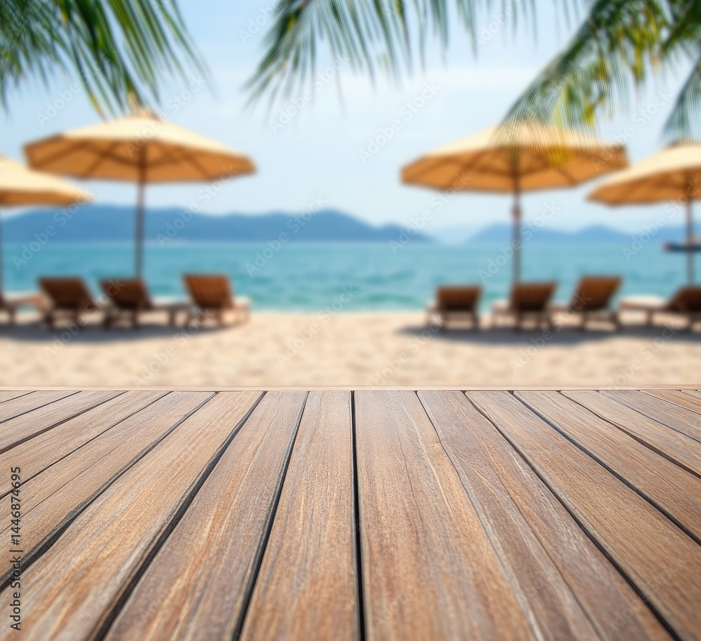 Fototapeta premium Tranquil beach scene; wooden deck foreground, blurred beach chairs and umbrellas background, ocean and mountains beyond