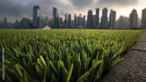 Close-up vibrant green grass, blurred urban skyline background Perfect for nature vs city themes - juxtaposition of focus pasture