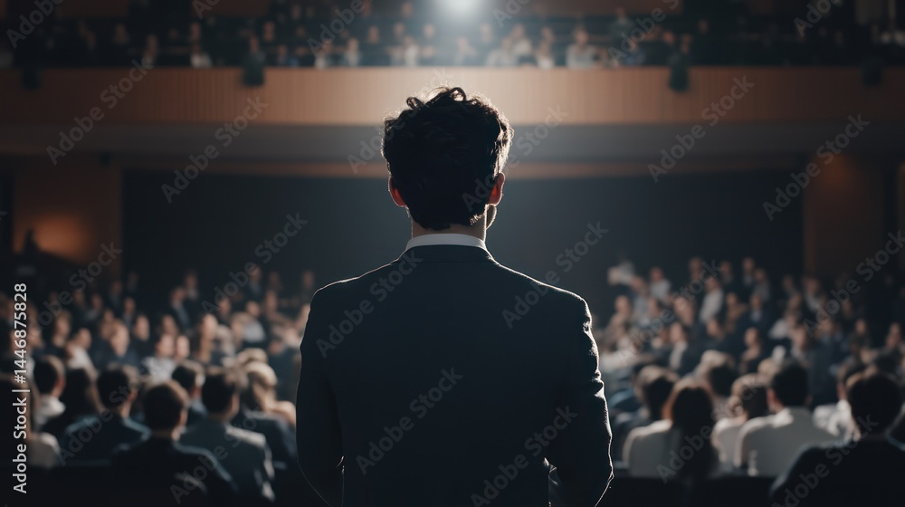Fototapeta premium Speaker addresses an audience at a business conference, on stage.