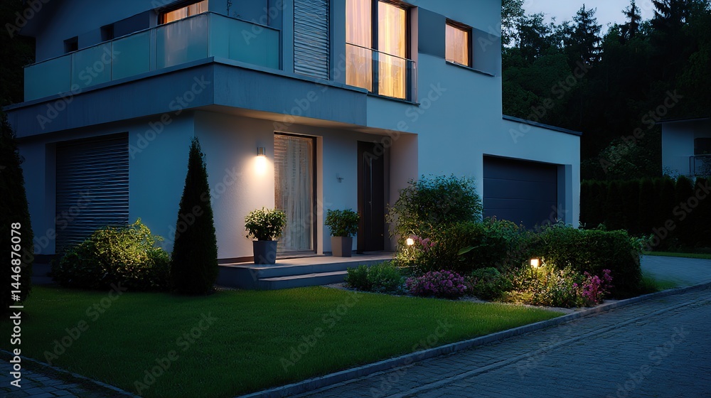 Obraz premium Modern home glowing at dusk with soft garden lights, blending warmth and sleek architecture 