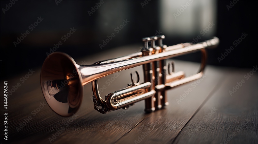 Obraz premium Elegant copper trumpet resting on a dark wooden surface with smooth reflections