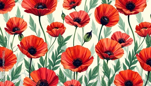 Wallpaper Mural Bold, stylized poppy blooms in a vibrant repeating pattern , flower, orange, fabric Torontodigital.ca