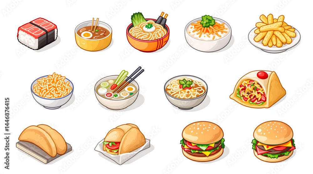 Variety of Delicious Cuisines: A tantalizing array of culinary delights, showcasing an isometric arrangement of various food items, each one a culinary gem. Variety of Delicious Cuisines: A tantalizing array of culinary delights, showcasing an isometric arrangement of various food items, each one a culinary gem.