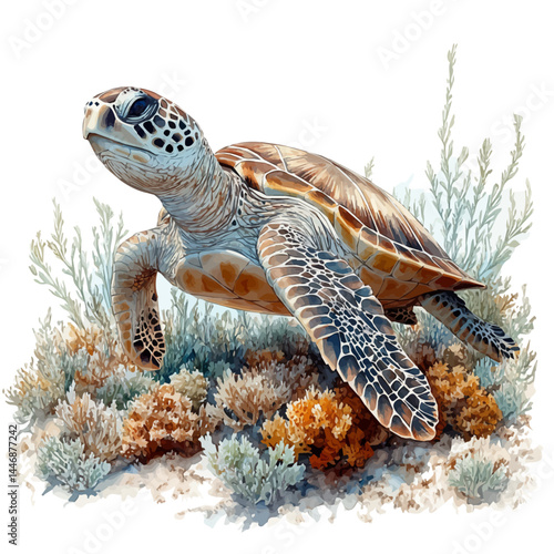 illustration of Sea Turtle Swimming Above Coral, watercolor vector, isolated on a white background.