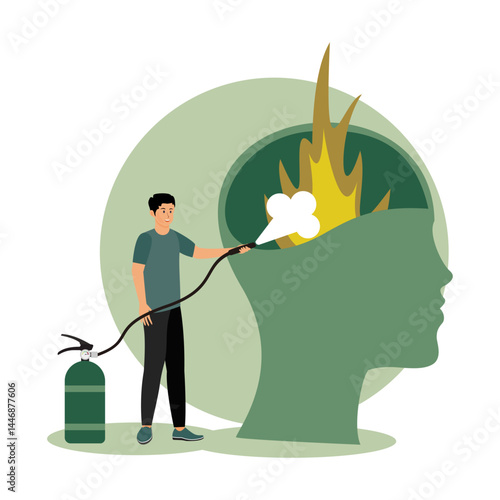 Fighting against emotional burnout. Man Extinguishing Fire Inside a Head Symbolizing Stress Relief.