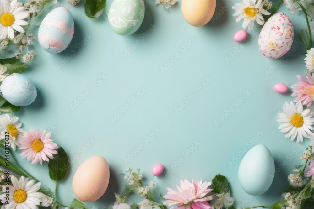 Easter Eggs and Flowers Flat Lay on Light Blue Background with Spring and Easter Theme Easter Eggs and Flowers Flat Lay on Light Blue Background with Spring and Easter Theme