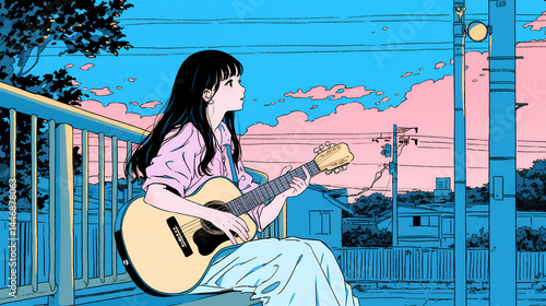 ギターを弾くアニメ風の女の子