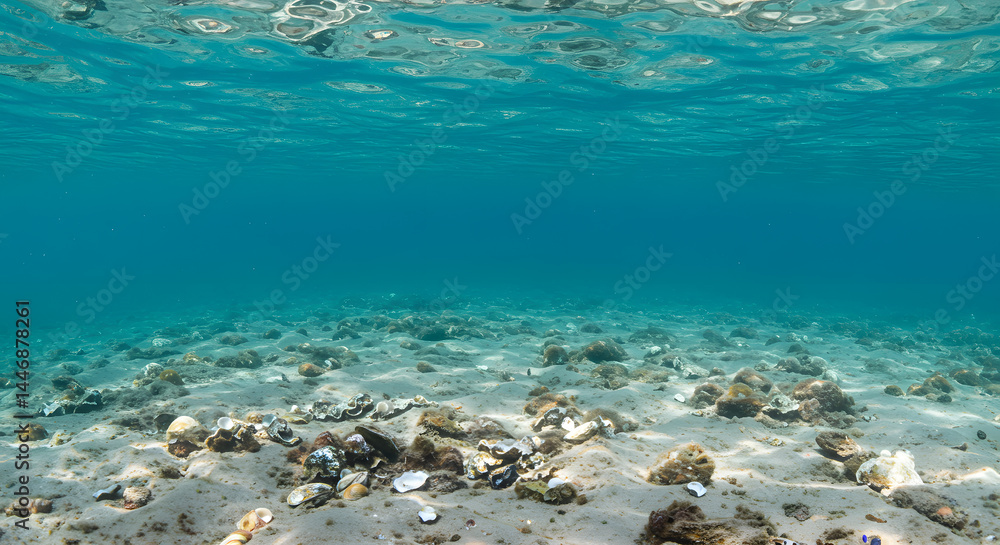 Fototapeta premium Underwater Seascape: Shallow Sandy Bottom with Scattered Shells and Stones