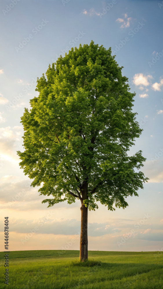 Obraz premium Tall tree stands alone green field clear sky, showcasing its lush foliage and strong trunk. serene landscape evokes sense