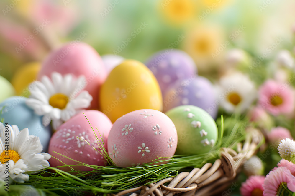 Easter Eggs in Basket with Spring Flowers Easter Eggs in Basket with Spring Flowers
