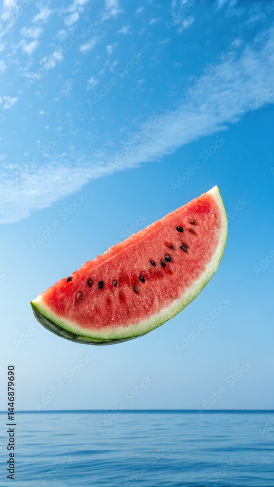 Fresh watermelon slice floating against clear blue sky, evoking sense of summer and relaxation Fresh watermelon slice floating against clear blue sky, evoking sense of summer and relaxation