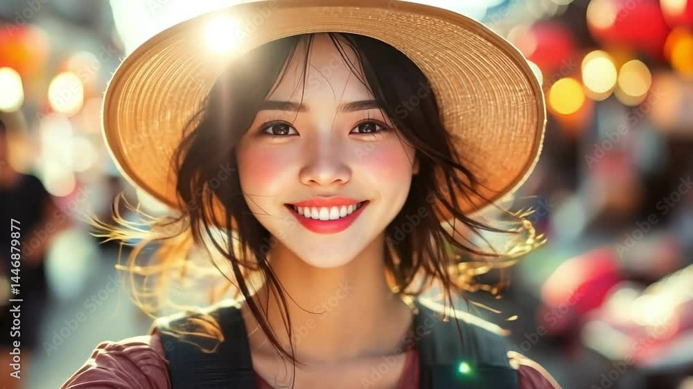 Young traveler in straw hat smiles brightly, embracing vibrant markets joy and adventure. Young traveler in straw hat smiles brightly, embracing vibrant markets joy and adventure.