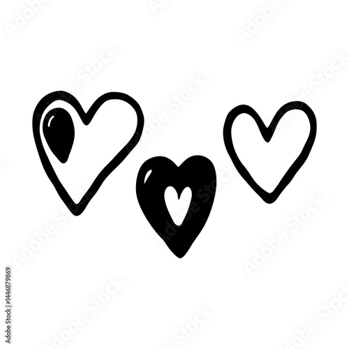 Three black and white hearts vector design for valentine's day love and romance graphic designs and art silhouette