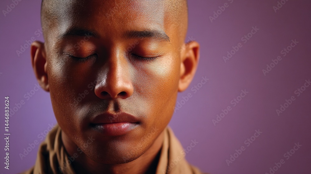 Modern monk meditates peacefully in lavendertinged closeup Modern monk meditates peacefully in lavendertinged closeup