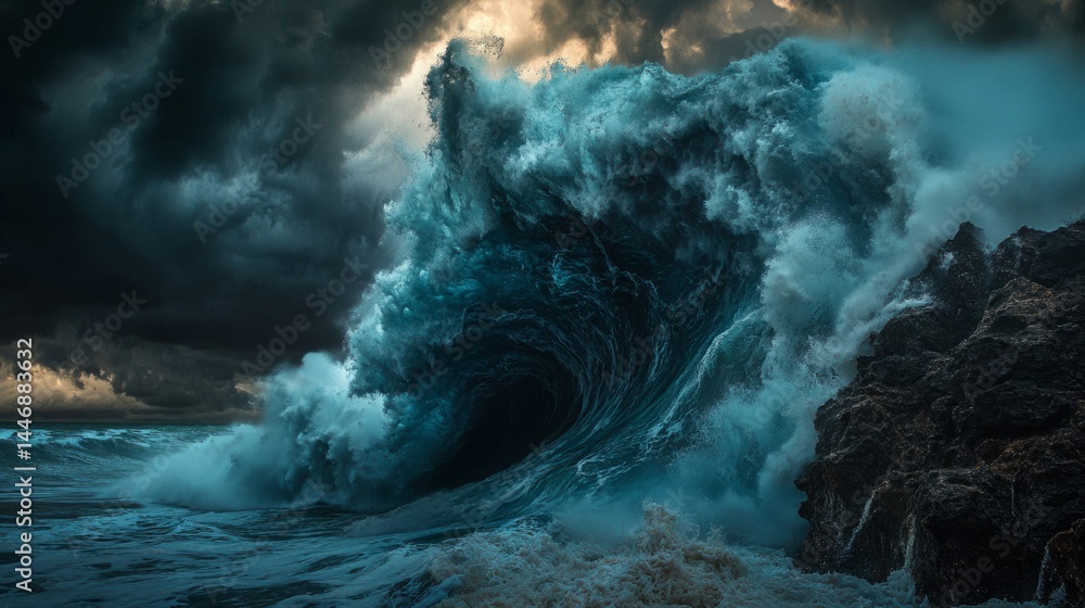 Naklejka premium Powerful Ocean Wave Crashing Against Rocks During a Storm