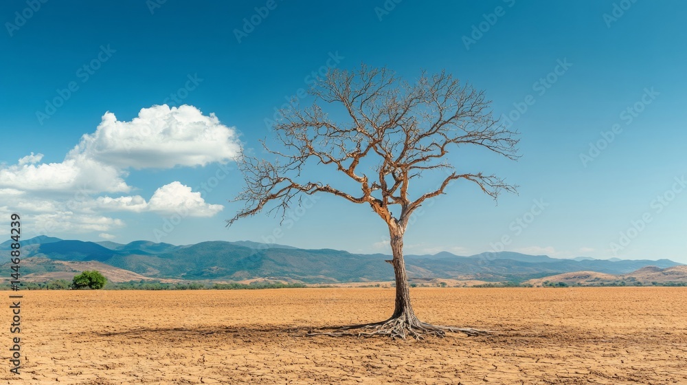 Fototapeta premium Leafless Tree in Arid Landscape Under Bright Sun