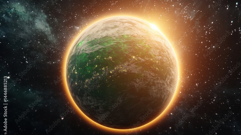 Fototapeta premium A vibrant green and orange alien planet, bathed in the warm glow of a nearby star. The planet's surface shows intricate details and textures, set