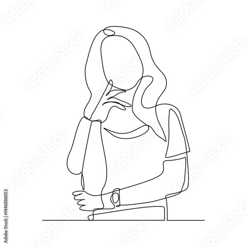 Continuous single line drawing of thinking woman. One line art of business woman thinking idea. Vector illustration sketch editable stroke