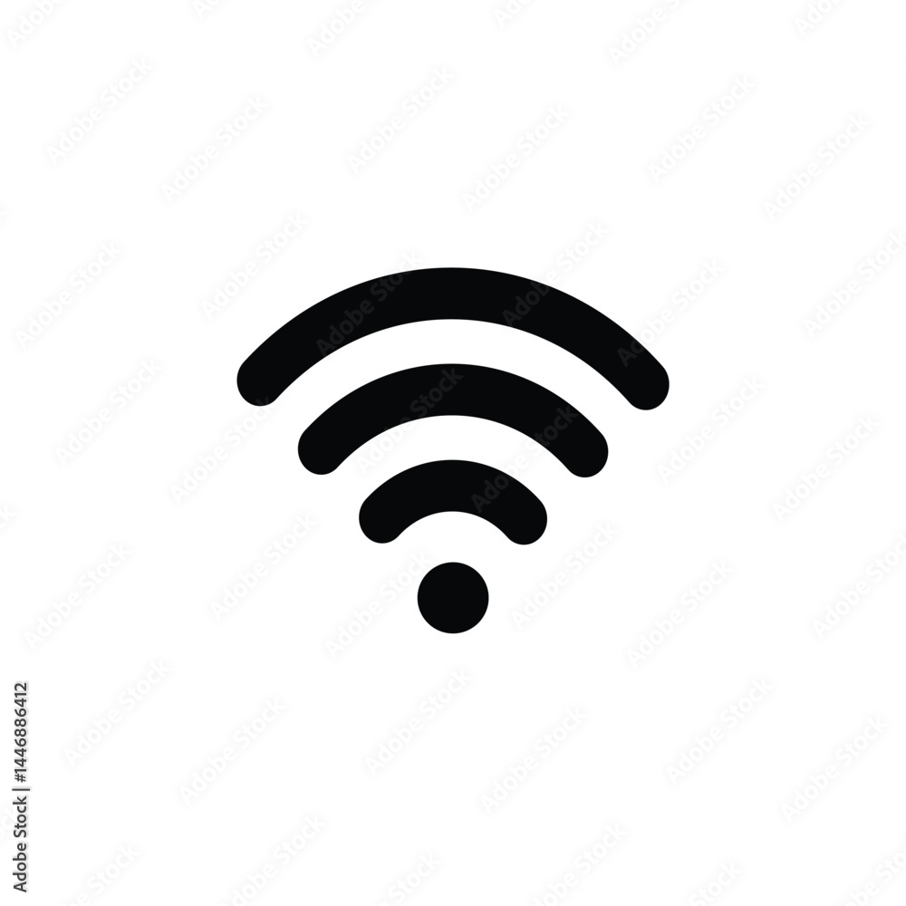 Minimal black Wi-Fi icon on a white background, representing wireless internet connectivity. Perfect for apps, user interfaces, network designs, and tech visuals. Minimal black Wi-Fi icon on a white background, representing wireless internet connectivity. Perfect for apps, user interfaces, network designs, and tech visuals.