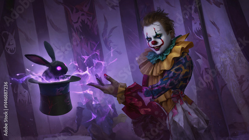 The Conjurer's Illusion: A mysterious clown stands in a dimly lit room with a purple glow, performing an eerie magic trick. He gestures with his hand towards a black rabbit emerging from a top hat.