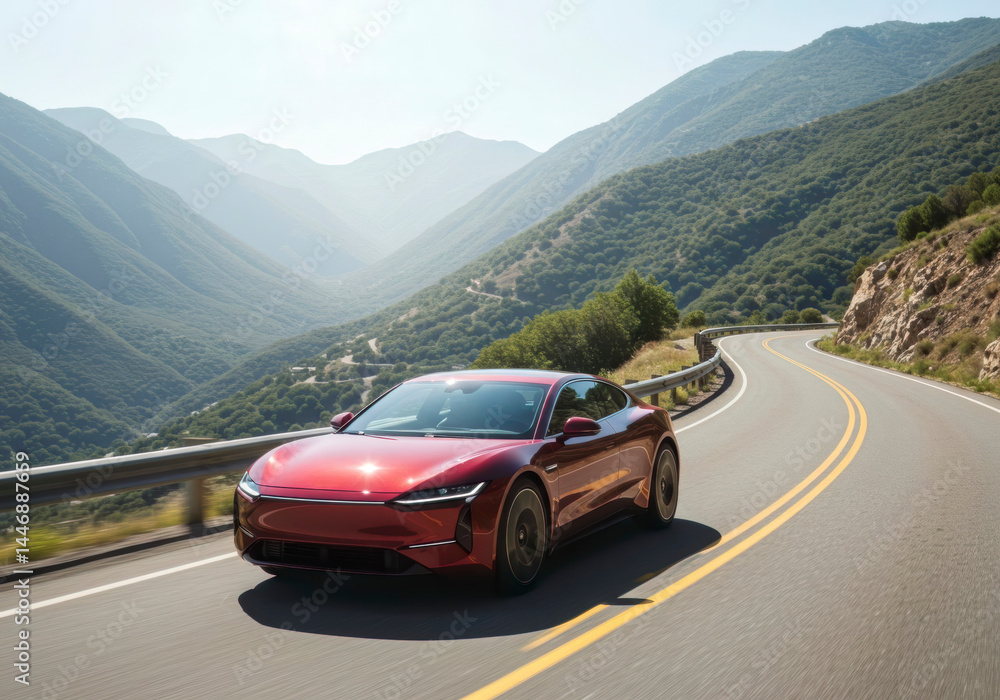 Naklejka premium Red Electric Sports Car Driving Scenic Mountain Road Summer Day