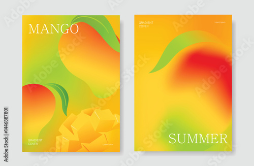 Abstract colorful gradient fruit card background set. Minimalist poster with mango. Modern summer and spring wallpaper design for drink menu, promotion, beverages, ads.