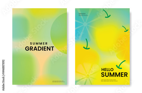 Abstract colorful gradient fruit card background set. Minimalist poster with lemon. Modern summer and spring wallpaper design for drink menu, promotion, beverages, ads.
