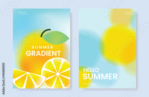 Abstract colorful gradient fruit card background set. Minimalist poster with oranges. Modern summer and spring wallpaper design for drink menu, promotion, beverages, ads.