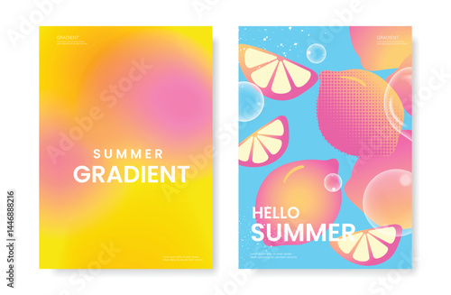 Abstract colorful gradient fruit card background set. Minimalist poster with lemon. Modern summer and spring wallpaper design for drink menu, promotion, beverages, ads.