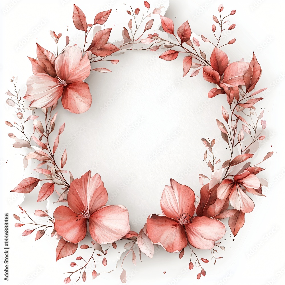 Obraz premium Card design with soft watercolor floral wreaths around the edge, white central space, slightly torn paper edge for a rustic touch, romantic and feminine vibe