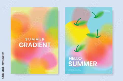 Abstract colorful gradient fruit card background set. Minimalist poster with apple. Modern summer and spring wallpaper design for drink menu, promotion, beverages, ads.