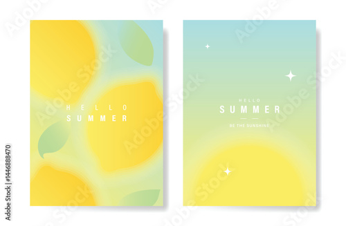 Abstract colorful gradient fruit card background set. Minimalist poster with lemon. Modern summer and spring wallpaper design for drink menu, promotion, beverages, ads.