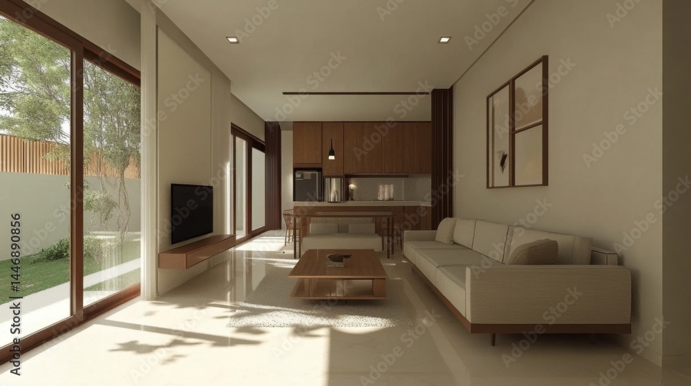 Fototapeta premium Minimal living room with earthy tones and simple seating