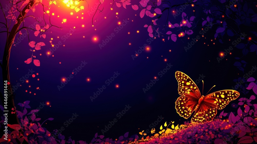 Enchanted Nocturnal Garden with Glowing Butterfly and Magical Lights in a Dreamlike Atmosphere showcasing a Fantasy Environment for Designs Enchanted Nocturnal Garden with Glowing Butterfly and Magical Lights in a Dreamlike Atmosphere showcasing a Fantasy Environment for Designs