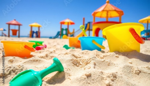 Wallpaper Mural Sunny day, bright sand, colorful buckets and shovels at a beachside sandcastle playground, summer, building toys Torontodigital.ca