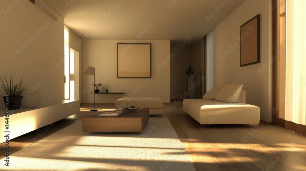 Minimal living room with earthy tones and simple seating Minimal living room with earthy tones and simple seating