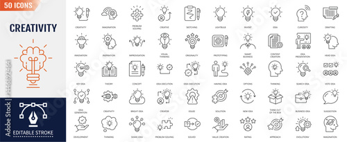 Creativity line editable icon set. Containing inspiration, imagination, design, idea, creative, improvisation, sketching, brainstorming and more. Vector illustration
